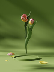 Wall Mural - 3D display podium green background with pink tulip flower and petal. Nature Blossom minimal pedestal for beauty, cosmetic product presentation. Summer and spring mockup.  3d render template