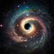 A black hole with a glowing constellation of various colors revolves around a black hole in the universe 