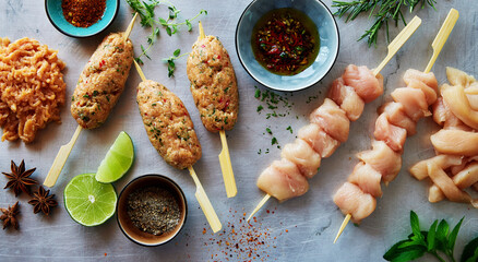 Various types of raw chicken meat on table