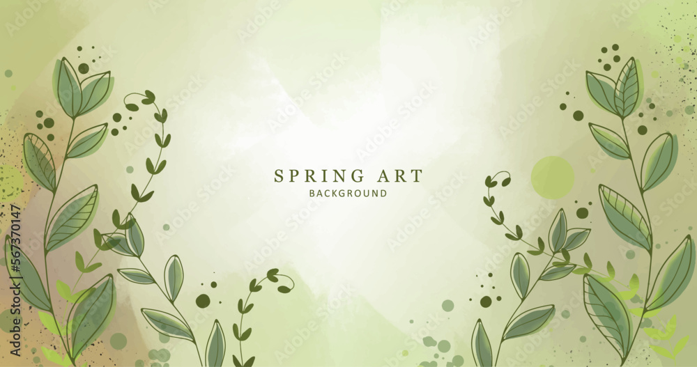 Stylish minimalistic spring illustration in green tones with branches ...