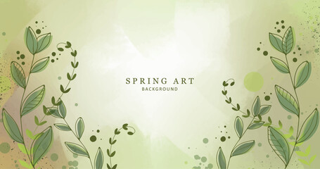 Wall Mural - Stylish minimalistic spring illustration in green tones with branches and leaves, grass. Background for design, postcards, covers, wallpapers