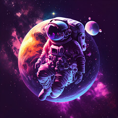 Wall Mural - 3d illustration of science fiction space suited figure among the stars in outer space. retrowave. as