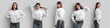 Mockup of a white crop sweatshirt on a beautiful posing girl in gray jeans, isolated on background, front, back, side.