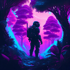 Wall Mural - 3d illustration of science fiction scene showing surreal astronaut in neon lit swampy forest on wate