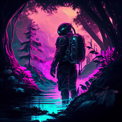 Wall Mural - 3d illustration of science fiction scene showing surreal astronaut in neon lit swampy forest on wate