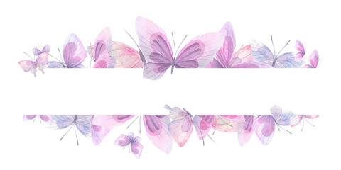 Wall Mural - Lilac, pink and blue butterflies Watercolor illustration. Composition from the collection of CATS AND BUTTERFLIES. For the design and decoration of prints, postcards, posters.