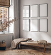 Leinwandbild Motiv Mock up poster frame in modern beige home interior, Scandinavian style, 3d render