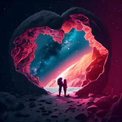 Wall Mural - astonaut couple, romantic view from the cave. 3d illustration of male and female astronaut couple si