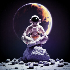 Wall Mural - 3d illustration of science fiction space suited figure in yoga lotus pose on small asteroid in outer