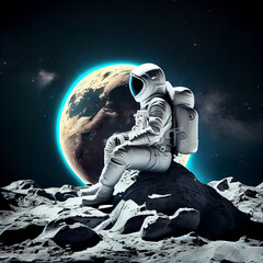 Wall Mural - 3d illustration of science fiction space suited lonely figure on small asteroid reaching for the sta