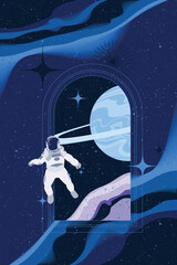 Fantasy parallel universe portal with astronaut and planets