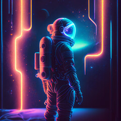 Sci-fi Retrowave space 3D illustration of science fiction scene with mysterious astronaut figure in space suit surrounded by glowing neon tube lights. Generative Ai.