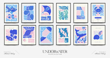 Underwater World, Ocean, Sea, Fish And Shells Vertical Flyer Or Poster Template. Modern Trendy Matisse Minimal Style. Hand Drawn Design For Wallpaper, Wall Decor, Print, Postcard, Cover, Template