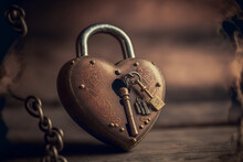 Heart-shaped Padlock With Key On Wooden Table. Key To Your Heart Concept. 