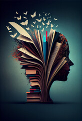 Aufkleber - Beautiful abstract surreal head of a books concept, contemporary and mood social background.