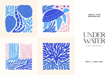 Underwater world, ocean, sea, fish and shells vertical flyer or poster template. Modern trendy Matisse minimal style. Hand drawn design for wallpaper, wall decor, print, postcard, cover, template