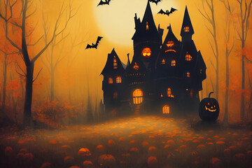 Wall Mural - Halloween Castle Forest Poster Background Image illustration Generative AI Content by Midjourney