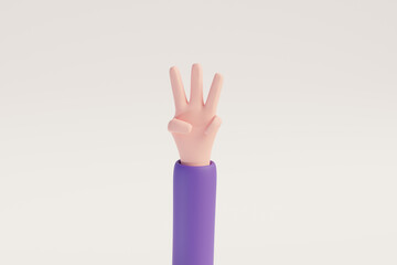 Cartoon hand showing fingers three for Rating or countdown design elements white isolated background. 3D rendered image