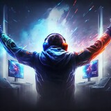 Fototapeta  - Professional eSports gamer rejoices in the victory in red blue illuminated game room, the winner, the joy of winning, generative AI, 
