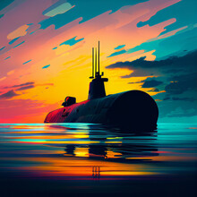 Submarine On The Sea, Painting, Generative AI