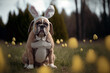 funny portrait of a dog with fake easter bunny ears, ai generated