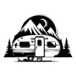 camper camp camping site with mountains and tree, camping in the woods, campsite with trailer landscape in retro style, svg file.