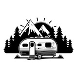 Fototapeta  - camper camp camping site with mountains and tree, camping in the woods, campsite with trailer landscape in retro style, svg file.