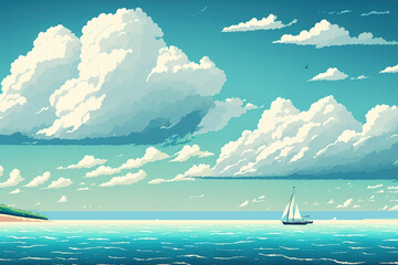 Poster - horizontal seascape with a cloudy, blue sky in the background. generative ai
