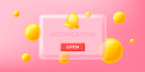 Notification 3d glassmorphic frame, template for website app.  Message glassmorphism border. 