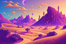 Desert Fairy World With Purple Sand Dunes, Fantastical Alien Sand Dunes, A Vast Blue Sky Horizon, And Lavender Hues. Violet Fantasy Sand Desert With Sand Waves. Generative AI