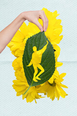 Canvas Print - Vertical collage illustration of arm fingers hold green leaf cut dancing human silhouette yellow flowers isolated on creative background