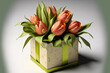 A gift box with tulips. Realistic hand-drawn illustration. Generative AI