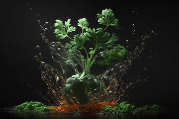 Wall Mural - Parsley vegetables splash isolated on black background