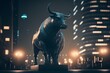Statue of Big Bull in night in city square, Charging bull standing in city square, generative ai, stock market exchange with Big bull symbol of market rise or high price of stock, 