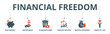 © Galuh Sekar - Financial freedom banner web icon vector illustration concept with icon of save money, investment, eliminate debt, passive income, reduce expenses, simplify life