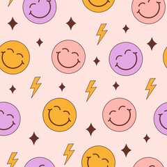 Poster - Groovy seamless pattern with smiling faces on a pastel background. Abstract colorful print in style 60s, 70s. Trendy vector illustration for kids.