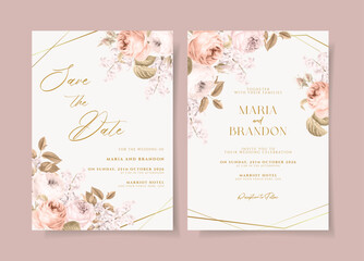 Wall Mural - Boho wedding invitation template set with dried floral and leaves decoration