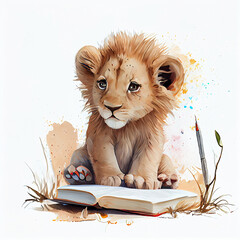 Wall Mural - Cute small lion reading a storybook - cartoon illustration for children room. Safari theme, white background. Generative AI