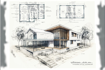 building project plan blueprint of a modern house. Designed using generative ai