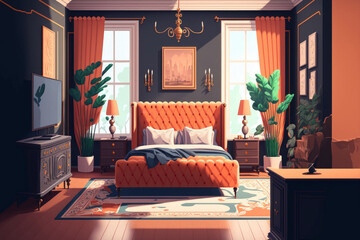 Canvas Print - California, 27 February 2021 Luxurious Bright Bedroom With Comfortable King Size Bed and Modern Furniture. Template For Expensive Residential Mansion. Concept For Interior, Architecture And Lifestyle