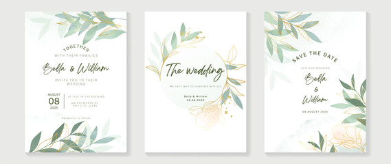 Wall Mural - Luxury wedding invitation card background vector. Elegant watercolor floral leaf branch and gold line art texture template background. Design illustration for wedding and vip cover template, banner.