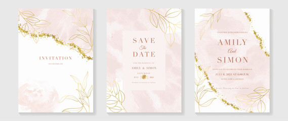 Wall Mural - Luxury wedding invitation card background vector. Elegant botanical leaf branch gold line art with shimmer and watercolor texture. Design illustration for wedding and vip cover template, banner.