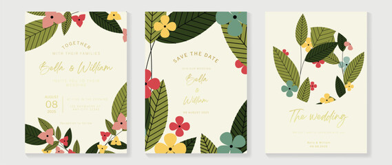 Wall Mural - Luxury wedding invitation card background vector. Hand drawn comic vibrant color botanical flower and leaf branch template background. Design illustration for wedding and vip cover template, banner.