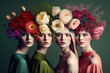 Beautiful girls with spring flowers decoration. Floral fashion background. Generative AI