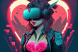 Beautiful science fiction female character wearing future virtual reality glasses with a heart shaped screen in the cyberpunk valentine illustration. Generative AI