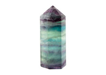 Translucent Purple And Green Color Fluorite Crystal Standing Point Gemstone Isolated On White Background. Healing And Clearing Energy Concept.