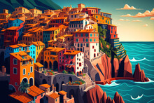 Cinque Terre, Europe, A Colorful Cityscape On The Mountains Overlooking The Mediterranean Sea, And Traditional Italian Architecture. Generative AI