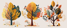 A Set Of Vector Illustrations Of Autumn Trees And Bushes A Tree, An Autumn Forest Plant With A Crown, Trunk, Branches.
