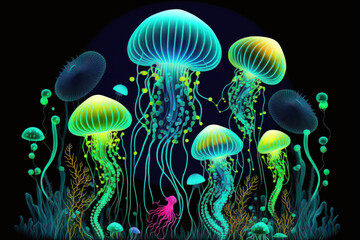 Wall Mural - Black backdrop with neon jellyfish in an abstract fantasy style. neon colored jellyfish from the sea. illustration. Generative AI