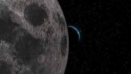 Wall Mural - Earth Reveal from Behind Moon with City Night Lights Visible from Space with UK and Europe - 3D CGI Animation 4K